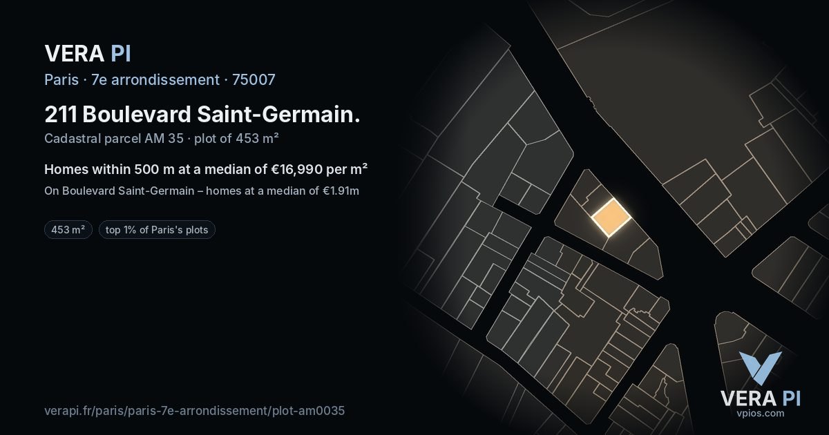 211 Boulevard Saint-Germain, 7e arrondissement at night – the plot lit, the parcels around coloured by the prices near them