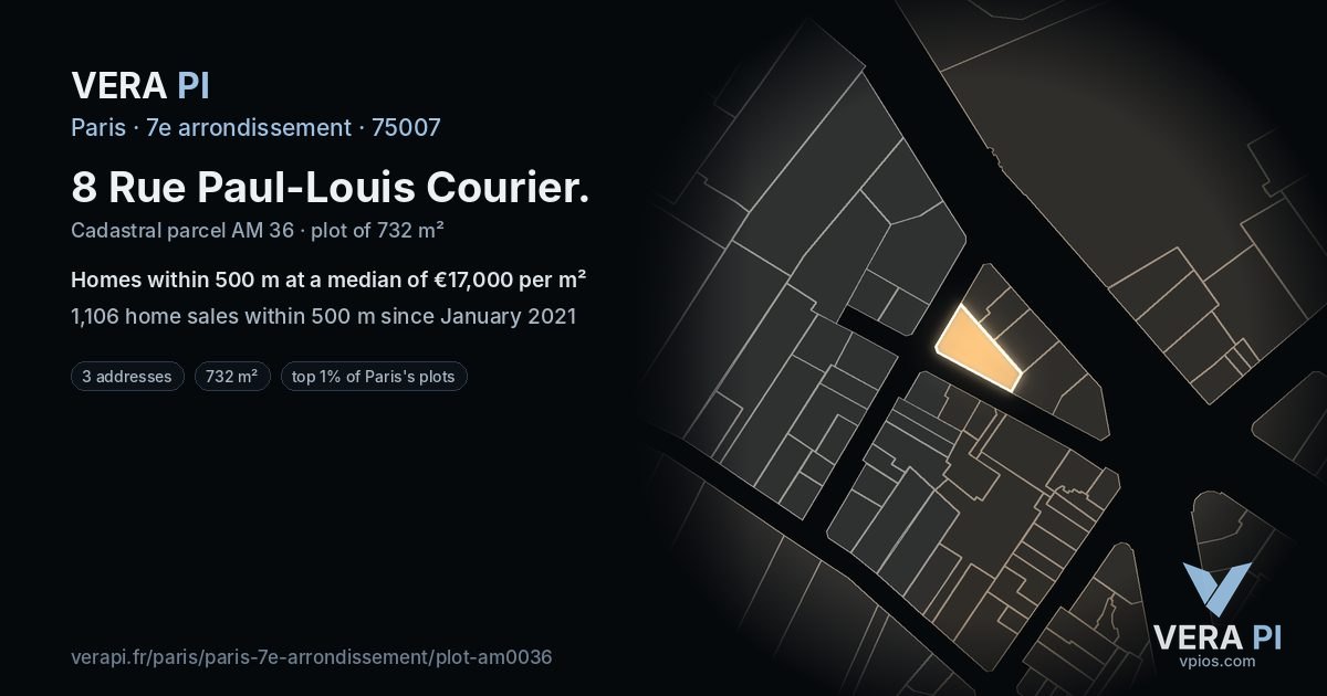 8 Rue Paul-Louis Courier, 7e arrondissement at night – the plot lit, the parcels around coloured by the prices near them