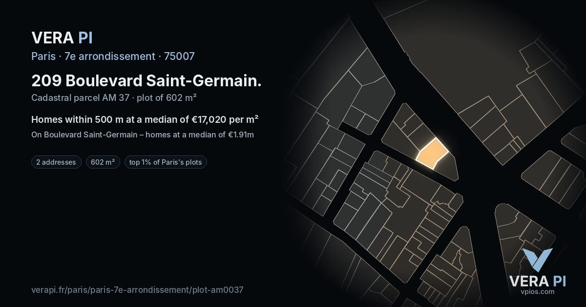 209 Boulevard Saint-Germain, 7e arrondissement at night – the plot lit, the parcels around coloured by the prices near them