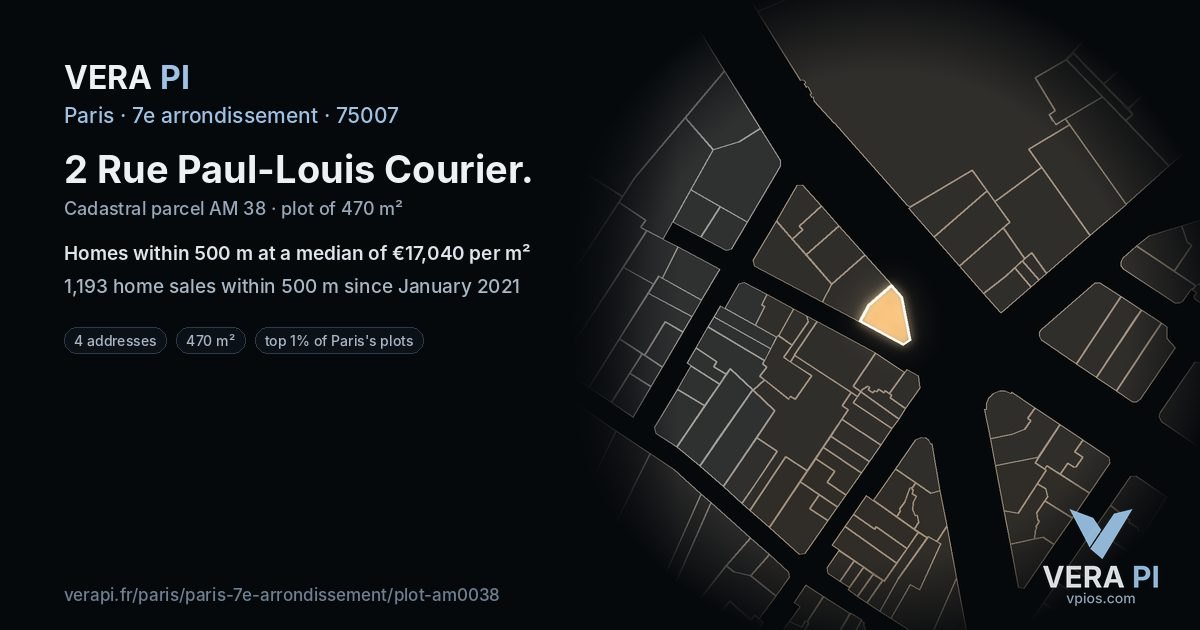 2 Rue Paul-Louis Courier, 7e arrondissement at night – the plot lit, the parcels around coloured by the prices near them