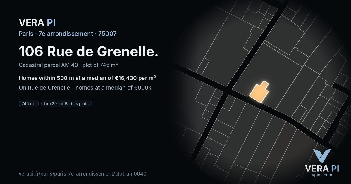 106 Rue de Grenelle, 7e arrondissement at night – the plot lit, the parcels around coloured by the prices near them