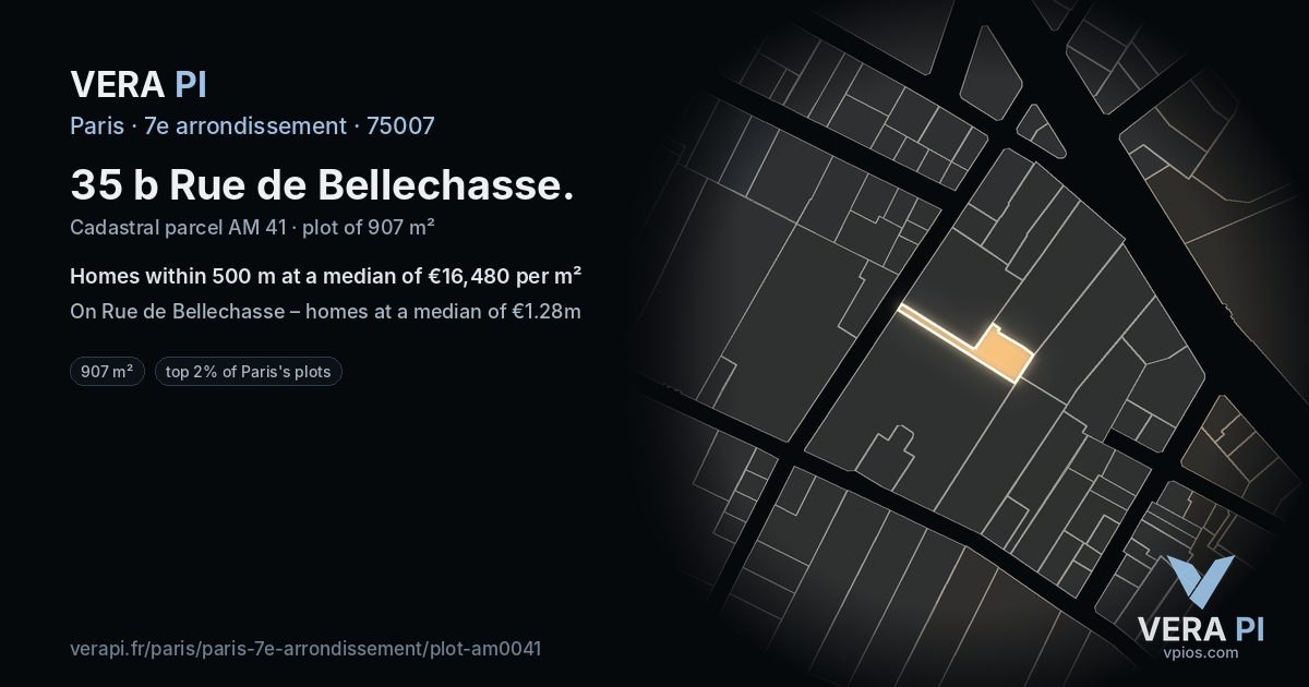 35 b Rue de Bellechasse, 7e arrondissement at night – the plot lit, the parcels around coloured by the prices near them