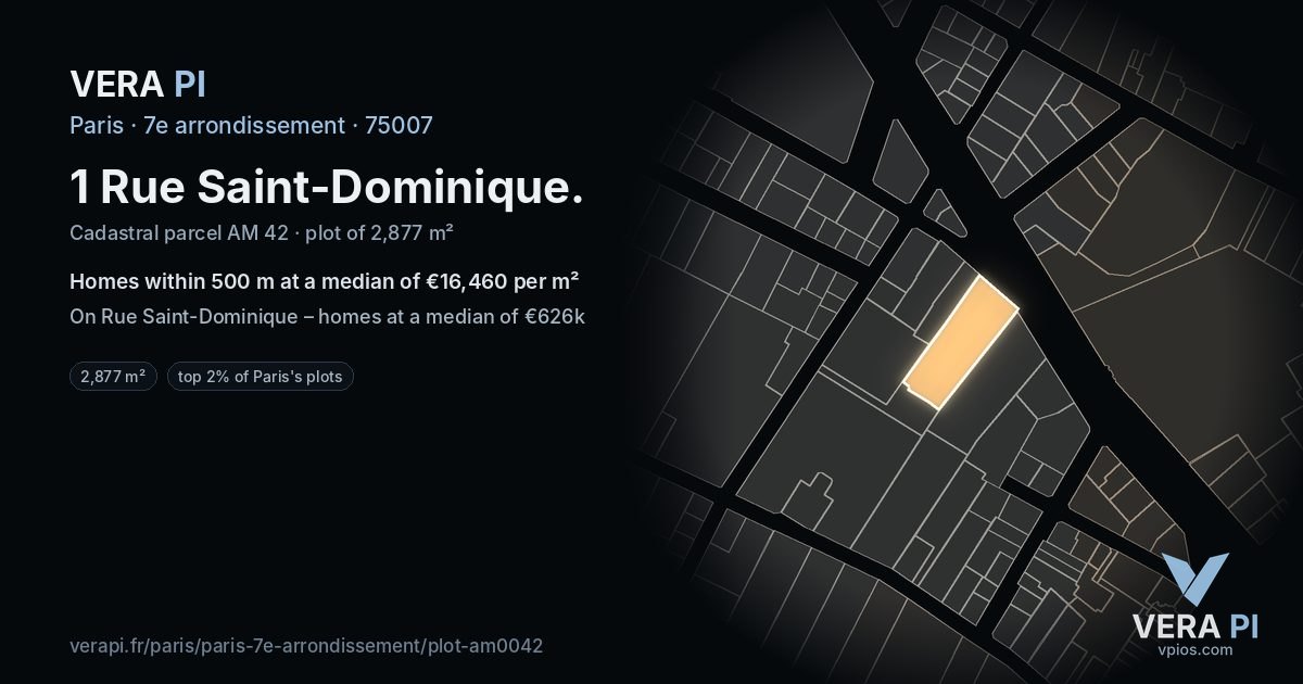 1 Rue Saint-Dominique, 7e arrondissement at night – the plot lit, the parcels around coloured by the prices near them