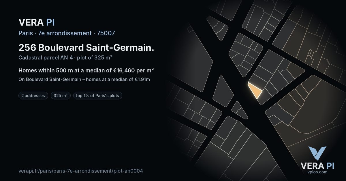 256 Boulevard Saint-Germain, 7e arrondissement at night – the plot lit, the parcels around coloured by the prices near them