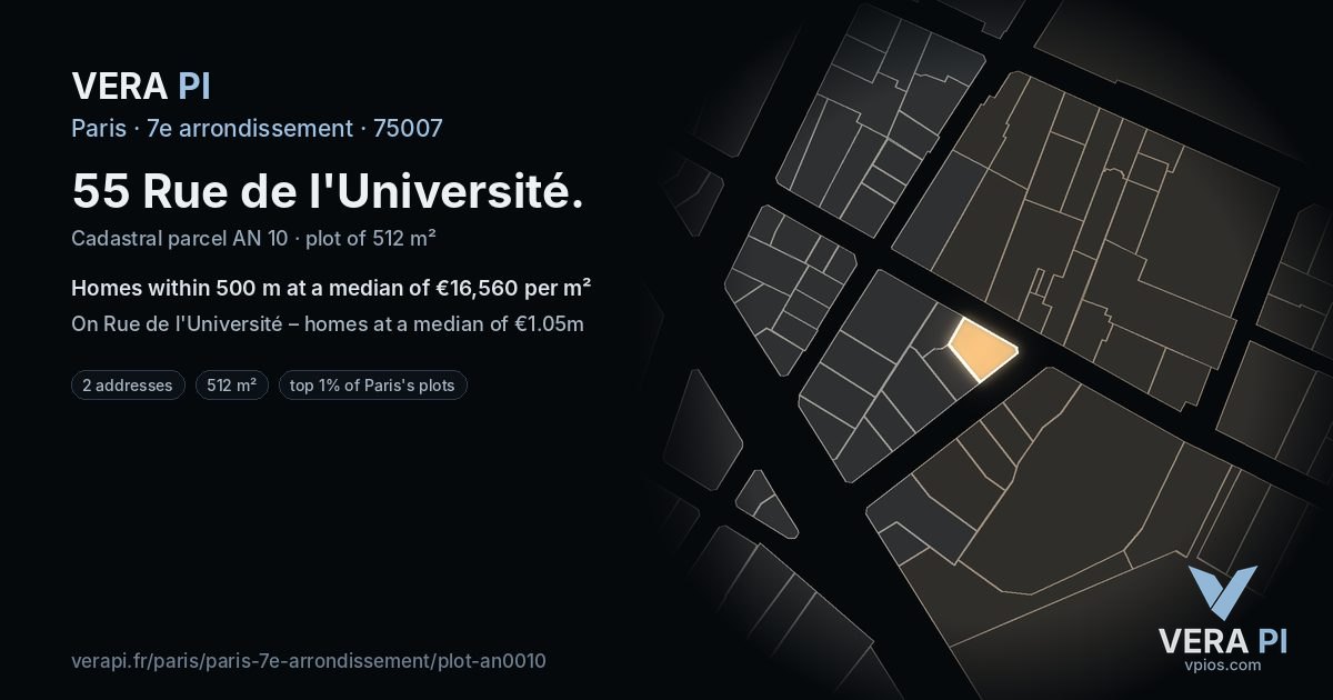 55 Rue de l'Université, 7e arrondissement at night – the plot lit, the parcels around coloured by the prices near them
