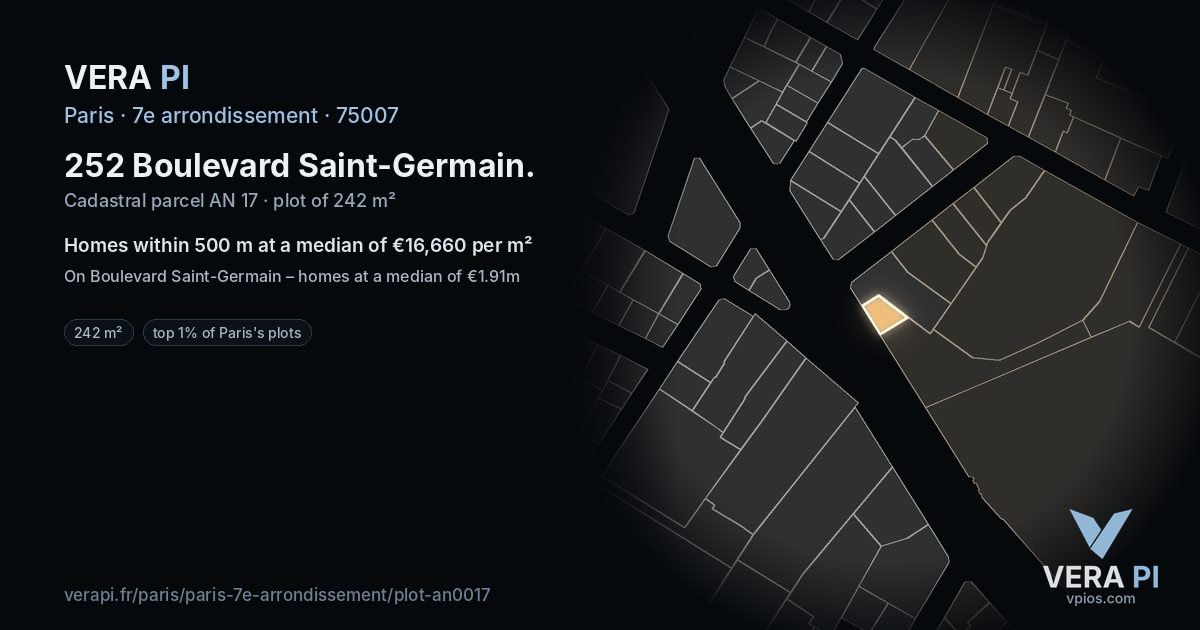 252 Boulevard Saint-Germain, 7e arrondissement at night – the plot lit, the parcels around coloured by the prices near them