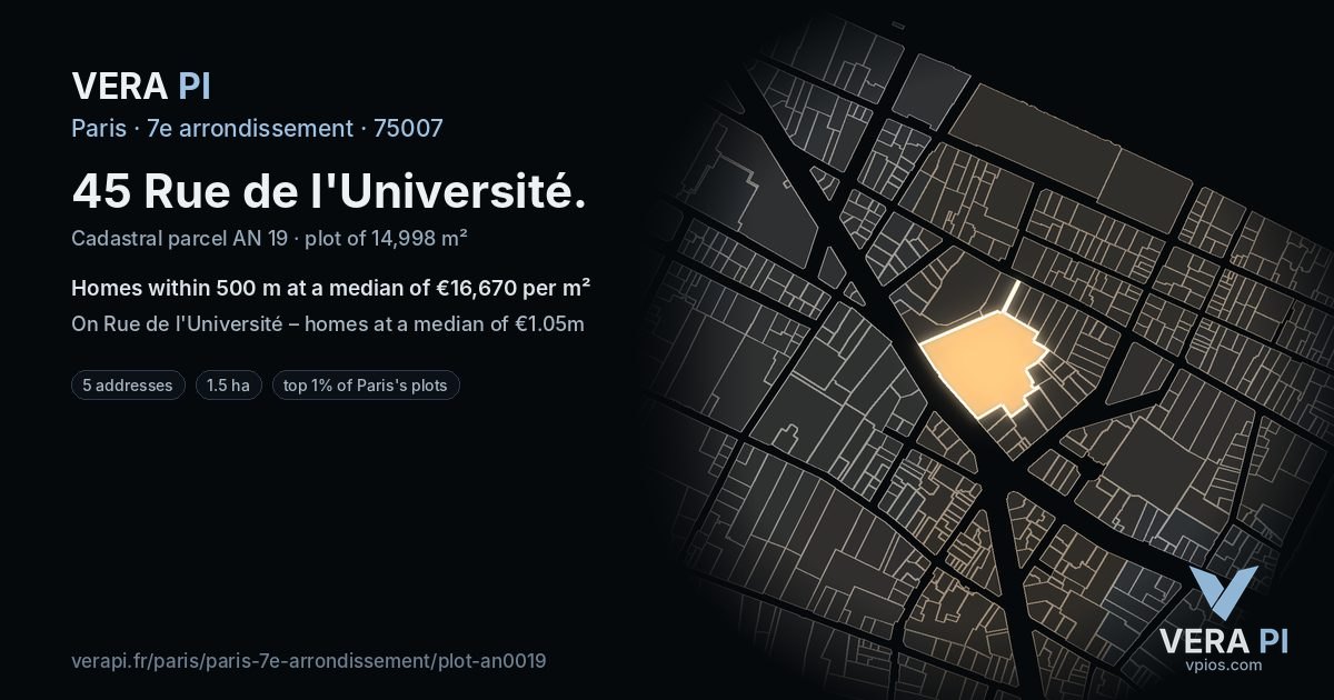 45 Rue de l'Université, 7e arrondissement at night – the plot lit, the parcels around coloured by the prices near them