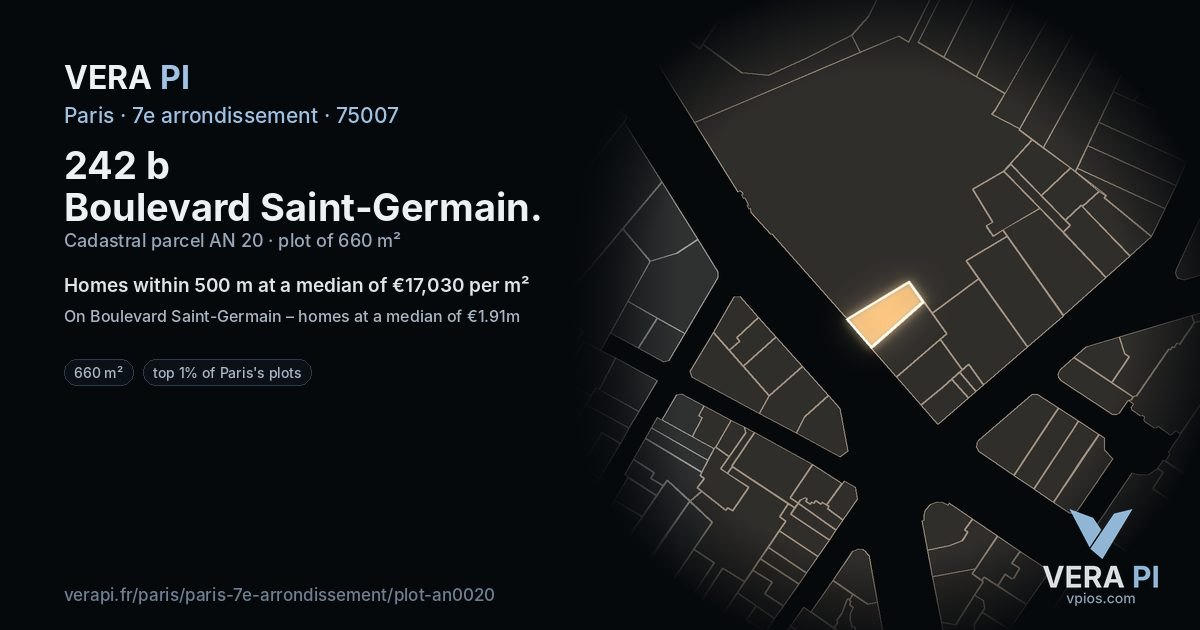 242 b Boulevard Saint-Germain, 7e arrondissement at night – the plot lit, the parcels around coloured by the prices near them