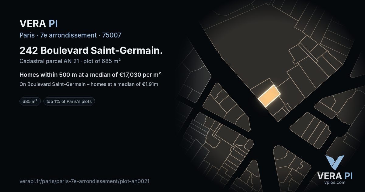 242 Boulevard Saint-Germain, 7e arrondissement at night – the plot lit, the parcels around coloured by the prices near them