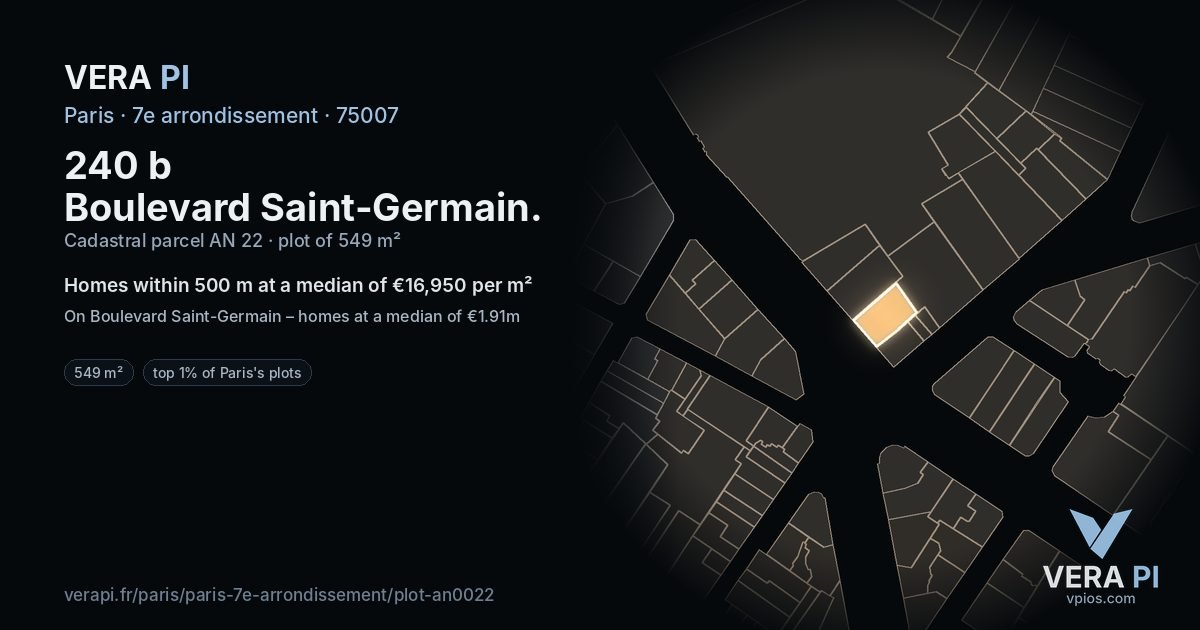 240 b Boulevard Saint-Germain, 7e arrondissement at night – the plot lit, the parcels around coloured by the prices near them