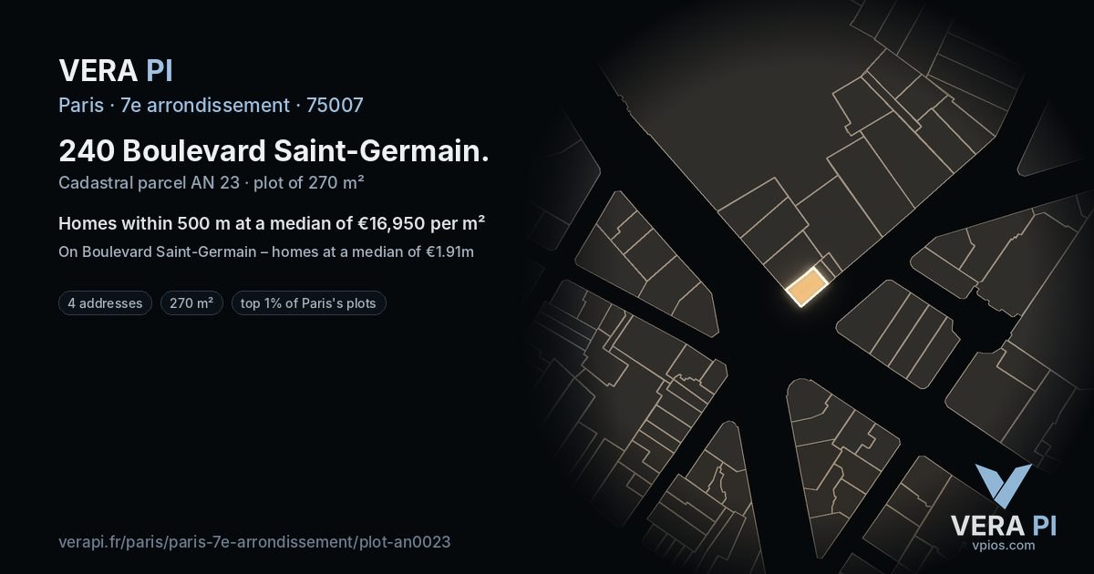 240 Boulevard Saint-Germain, 7e arrondissement at night – the plot lit, the parcels around coloured by the prices near them