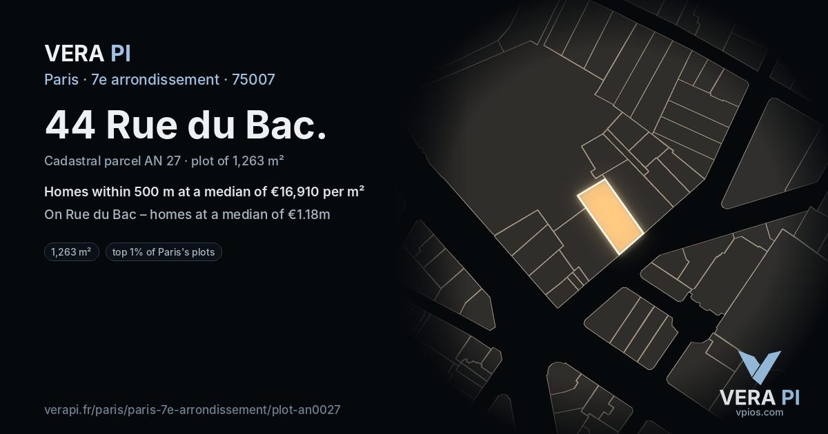44 Rue du Bac, 7e arrondissement at night – the plot lit, the parcels around coloured by the prices near them