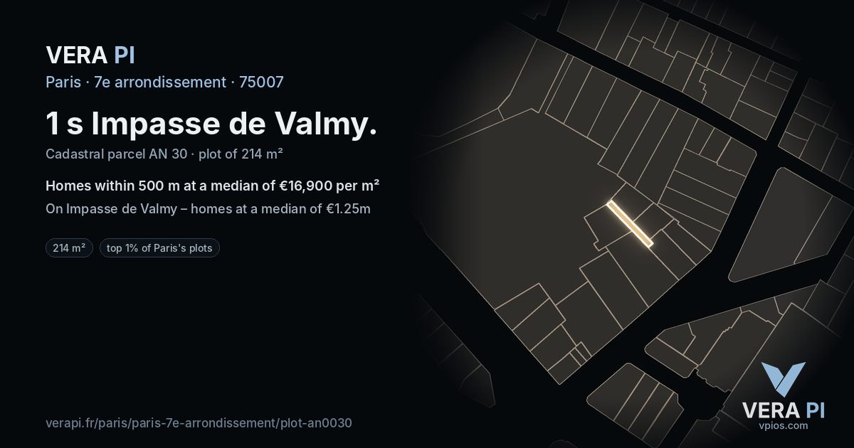 1 s Impasse de Valmy, 7e arrondissement at night – the plot lit, the parcels around coloured by the prices near them