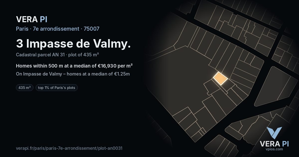3 Impasse de Valmy, 7e arrondissement at night – the plot lit, the parcels around coloured by the prices near them