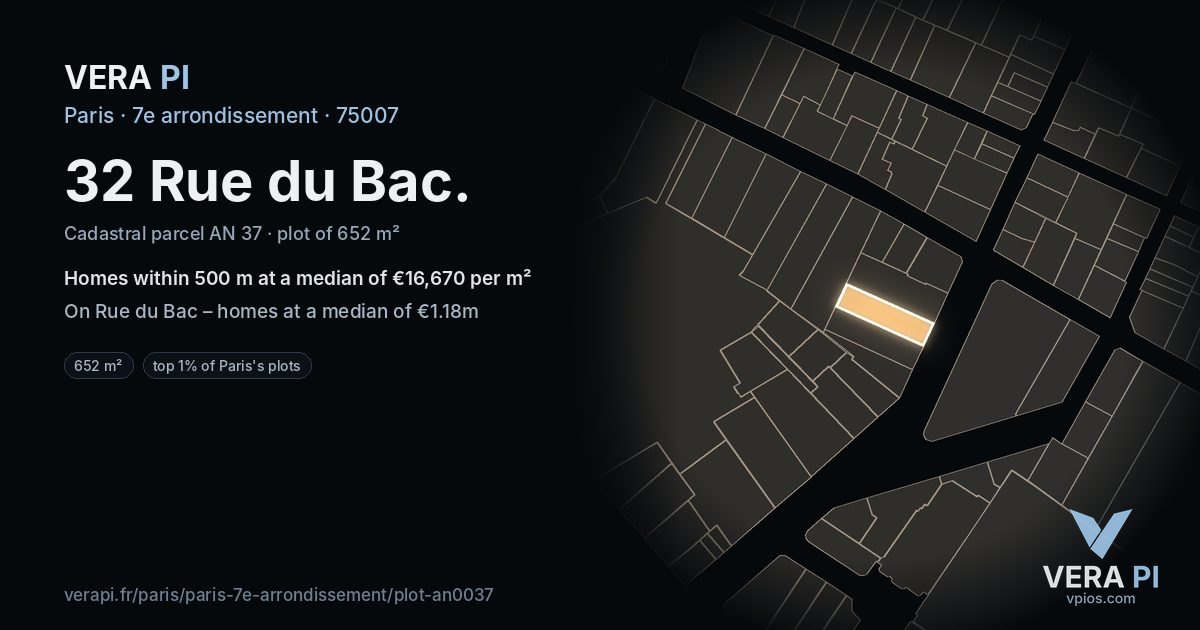 32 Rue du Bac, 7e arrondissement at night – the plot lit, the parcels around coloured by the prices near them
