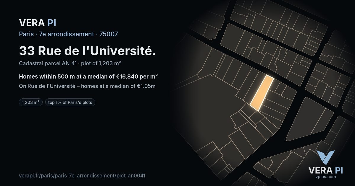 33 Rue de l'Université, 7e arrondissement at night – the plot lit, the parcels around coloured by the prices near them