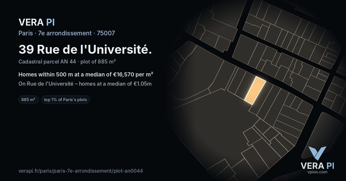 39 Rue de l'Université, 7e arrondissement at night – the plot lit, the parcels around coloured by the prices near them