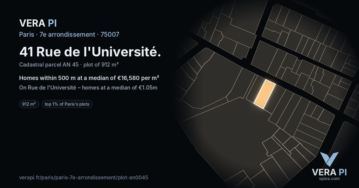 41 Rue de l'Université, 7e arrondissement at night – the plot lit, the parcels around coloured by the prices near them