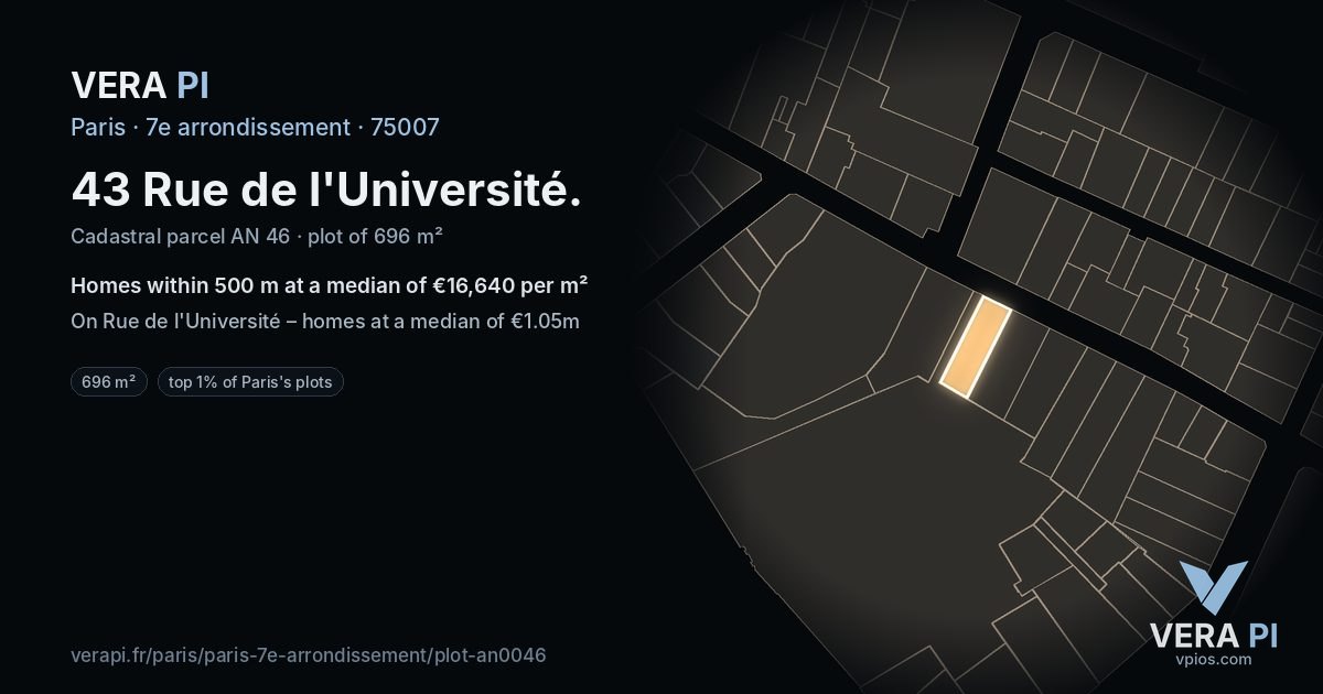 43 Rue de l'Université, 7e arrondissement at night – the plot lit, the parcels around coloured by the prices near them