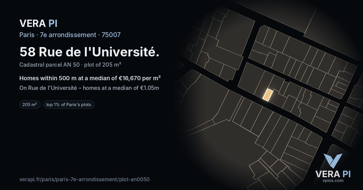 58 Rue de l'Université, 7e arrondissement at night – the plot lit, the parcels around coloured by the prices near them