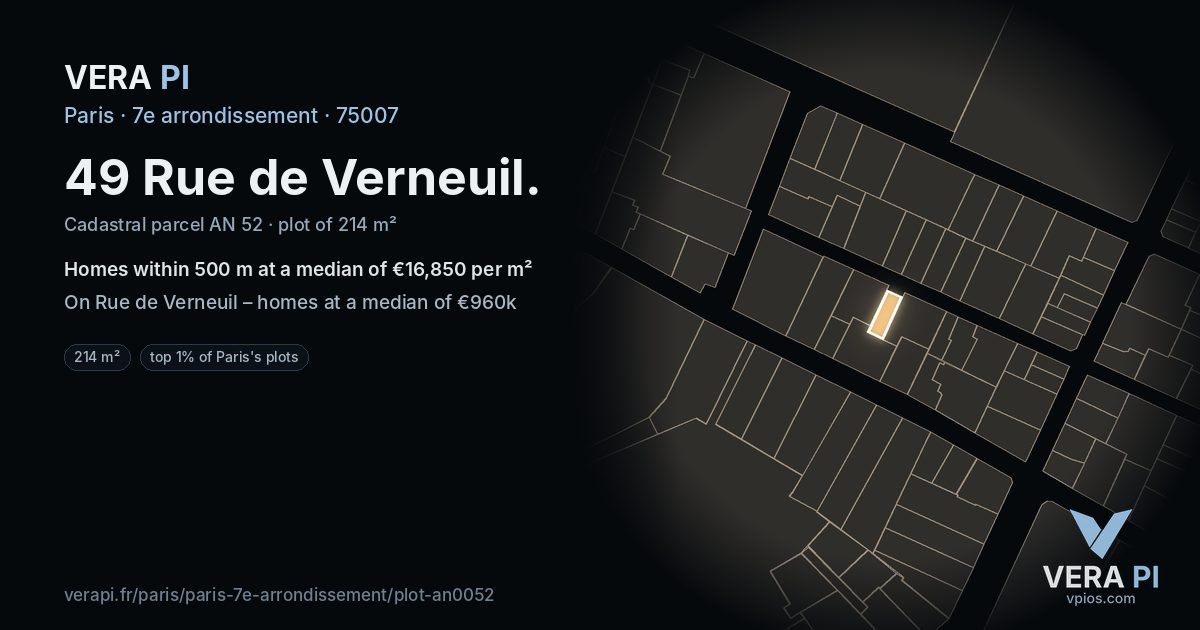 49 Rue de Verneuil, 7e arrondissement at night – the plot lit, the parcels around coloured by the prices near them
