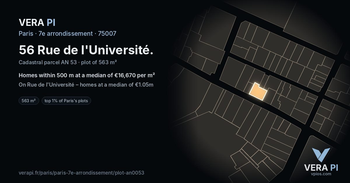 56 Rue de l'Université, 7e arrondissement at night – the plot lit, the parcels around coloured by the prices near them