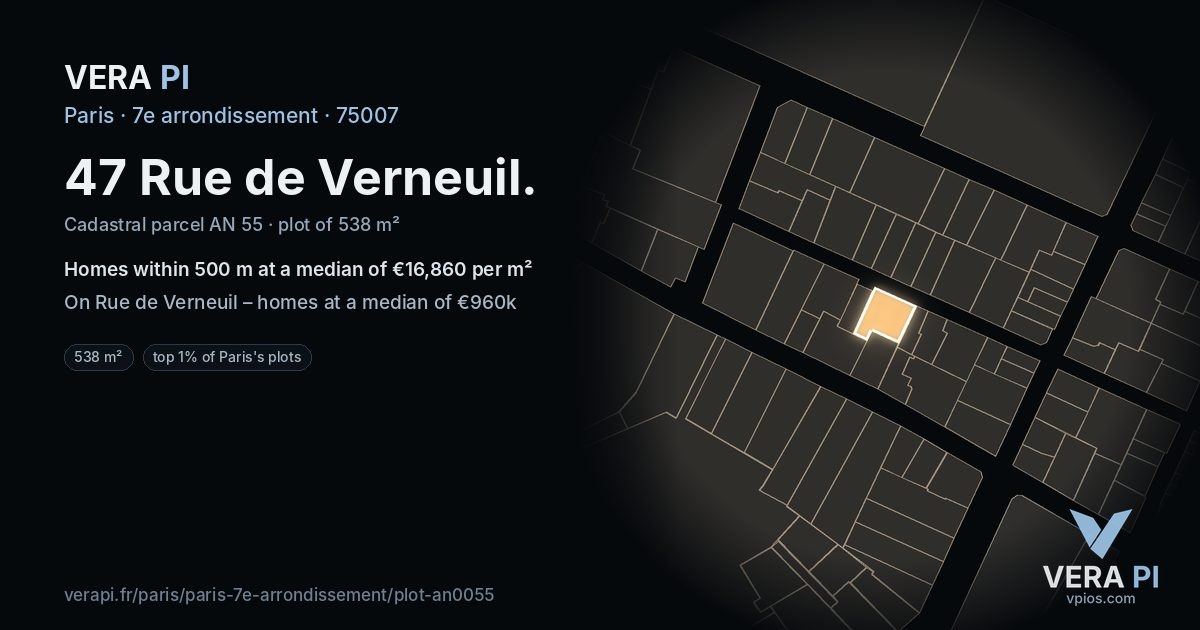 47 Rue de Verneuil, 7e arrondissement at night – the plot lit, the parcels around coloured by the prices near them