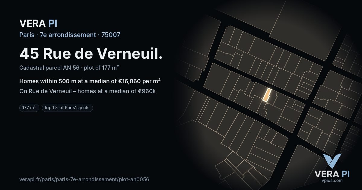 45 Rue de Verneuil, 7e arrondissement at night – the plot lit, the parcels around coloured by the prices near them