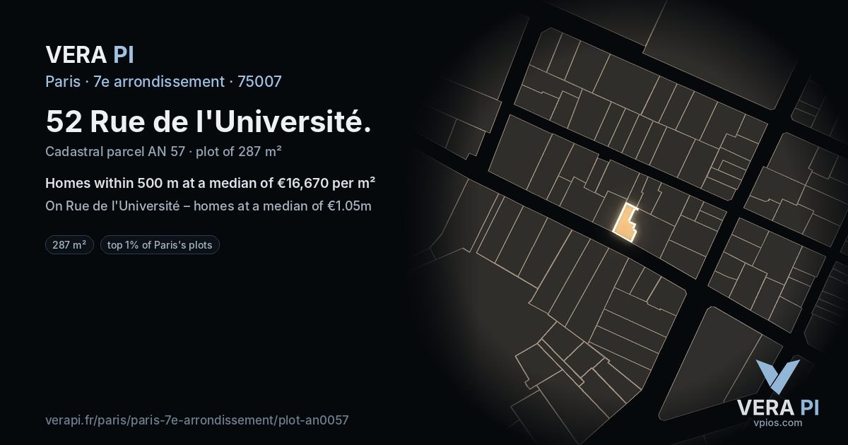 52 Rue de l'Université, 7e arrondissement at night – the plot lit, the parcels around coloured by the prices near them