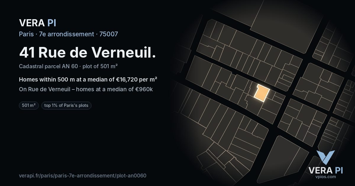 41 Rue de Verneuil, 7e arrondissement at night – the plot lit, the parcels around coloured by the prices near them