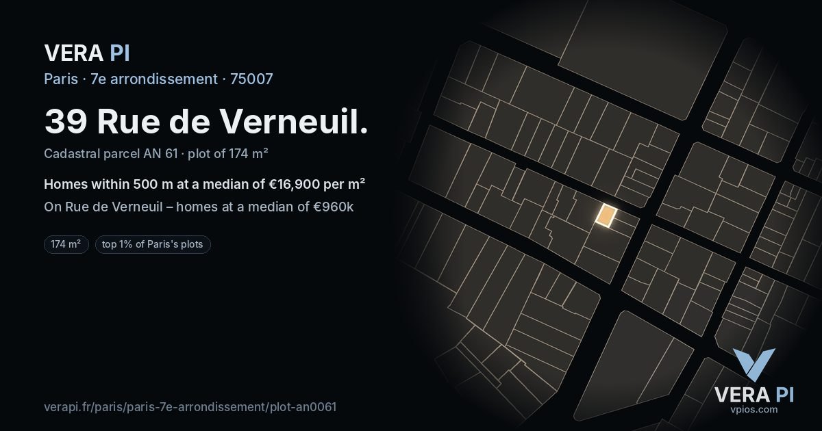 39 Rue de Verneuil, 7e arrondissement at night – the plot lit, the parcels around coloured by the prices near them