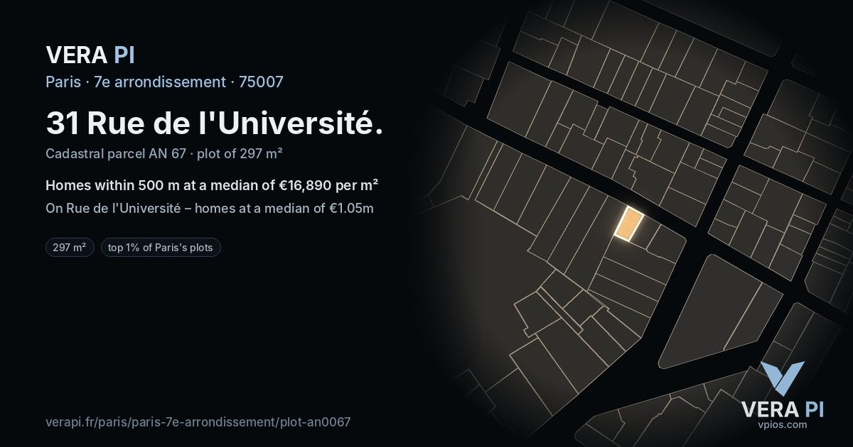 31 Rue de l'Université, 7e arrondissement at night – the plot lit, the parcels around coloured by the prices near them