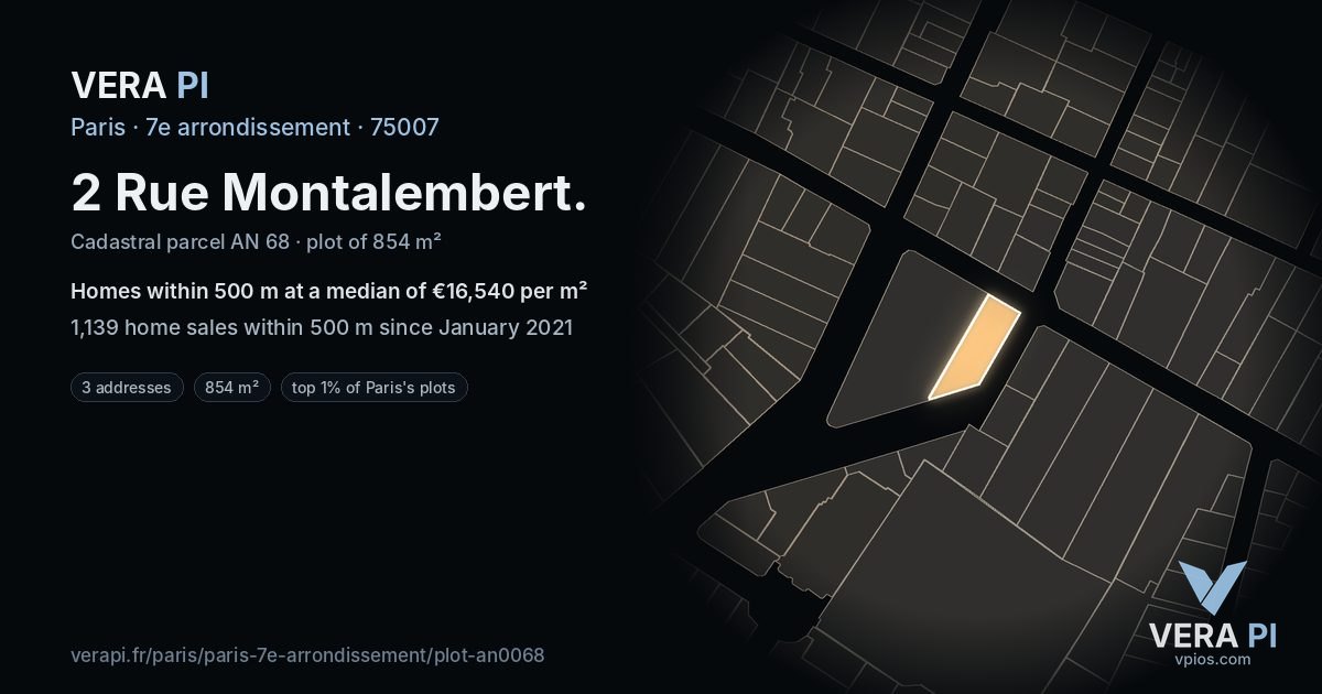 2 Rue Montalembert, 7e arrondissement at night – the plot lit, the parcels around coloured by the prices near them