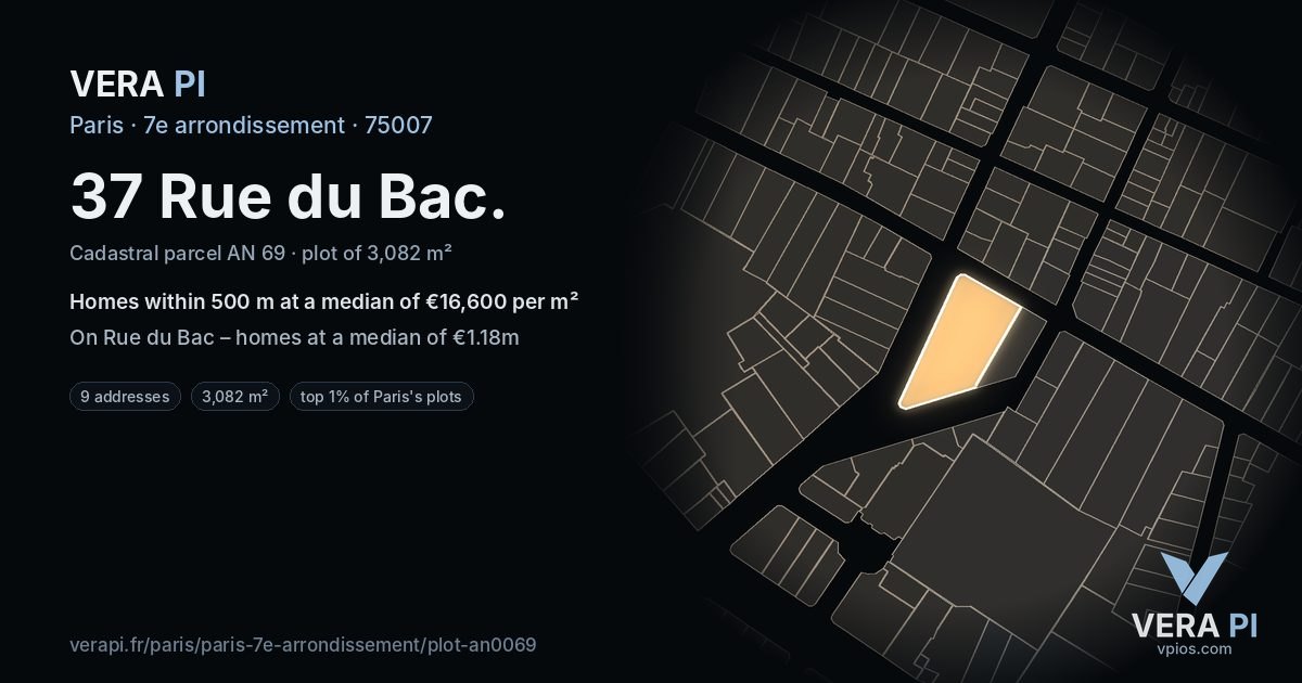 37 Rue du Bac, 7e arrondissement at night – the plot lit, the parcels around coloured by the prices near them