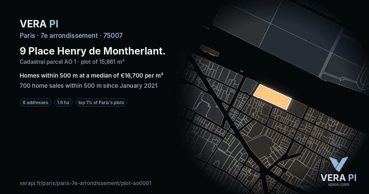 9 Place Henry de Montherlant, 7e arrondissement at night – the plot lit, the parcels around coloured by the prices near them
