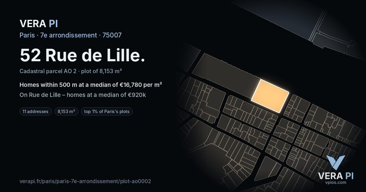 52 Rue de Lille, 7e arrondissement at night – the plot lit, the parcels around coloured by the prices near them