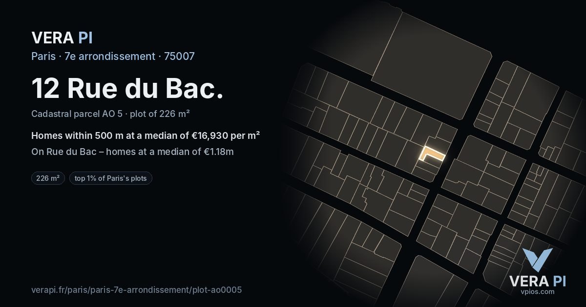 12 Rue du Bac, 7e arrondissement at night – the plot lit, the parcels around coloured by the prices near them