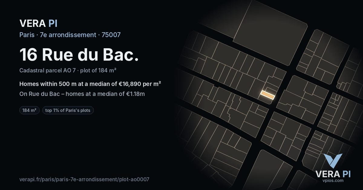 16 Rue du Bac, 7e arrondissement at night – the plot lit, the parcels around coloured by the prices near them