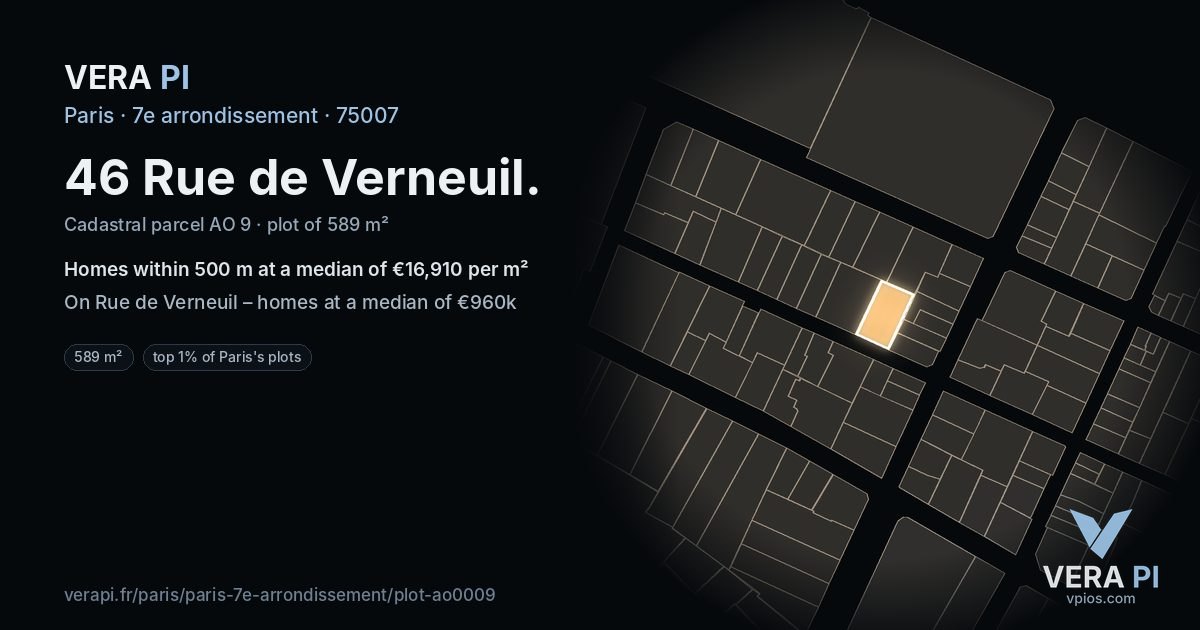 46 Rue de Verneuil, 7e arrondissement at night – the plot lit, the parcels around coloured by the prices near them