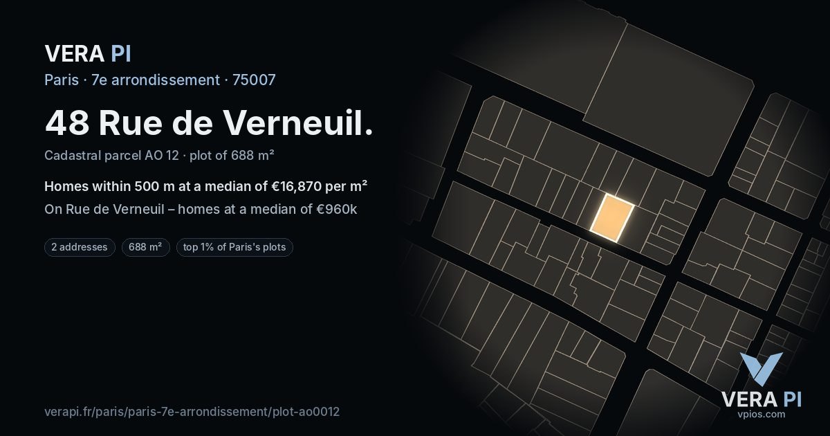 48 Rue de Verneuil, 7e arrondissement at night – the plot lit, the parcels around coloured by the prices near them