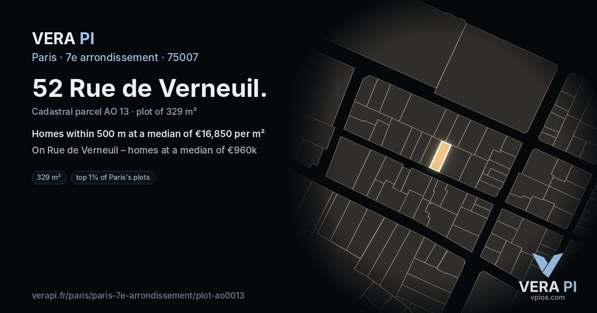 52 Rue de Verneuil, 7e arrondissement at night – the plot lit, the parcels around coloured by the prices near them