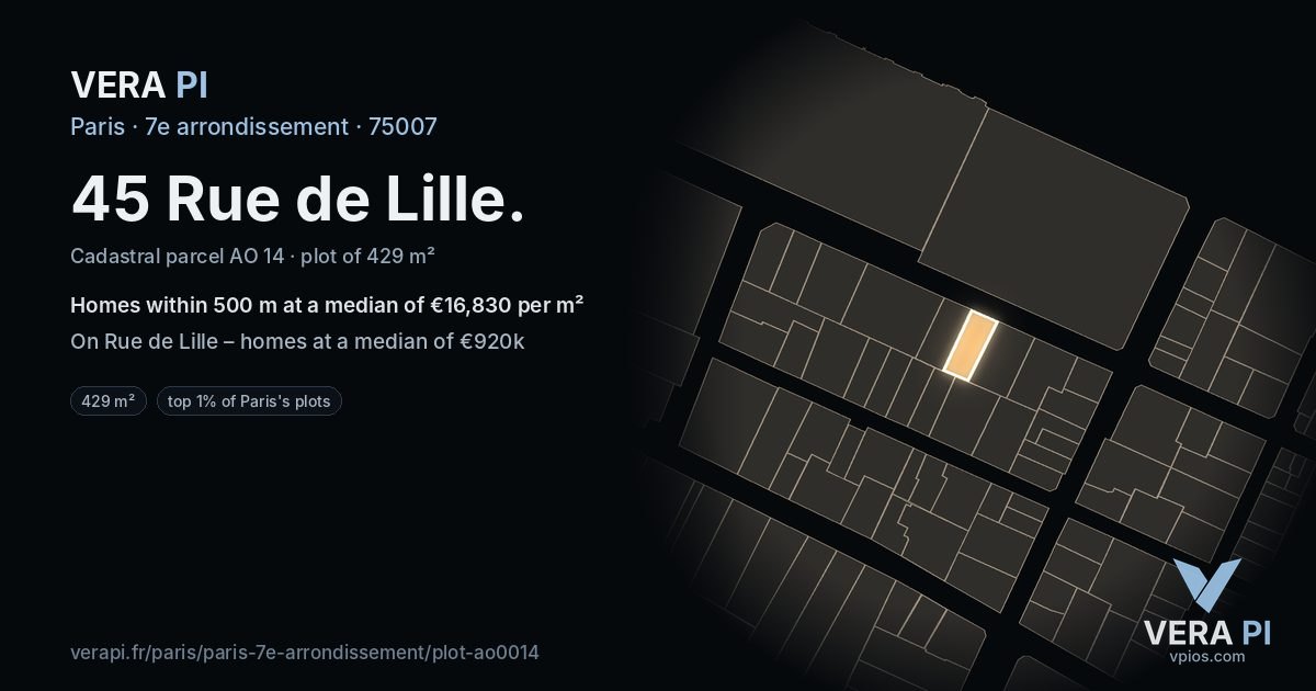 45 Rue de Lille, 7e arrondissement at night – the plot lit, the parcels around coloured by the prices near them