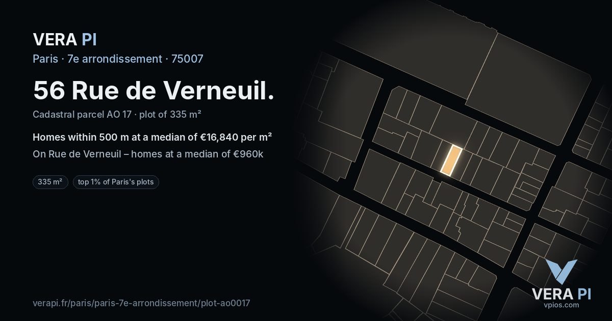 56 Rue de Verneuil, 7e arrondissement at night – the plot lit, the parcels around coloured by the prices near them