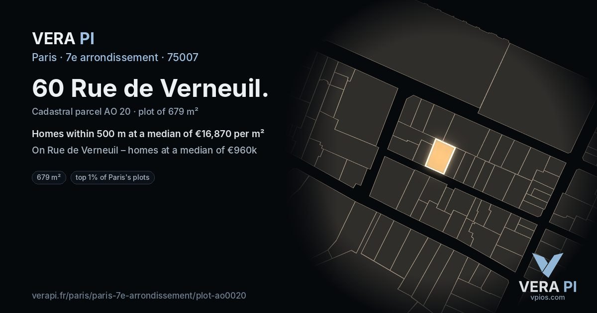 60 Rue de Verneuil, 7e arrondissement at night – the plot lit, the parcels around coloured by the prices near them