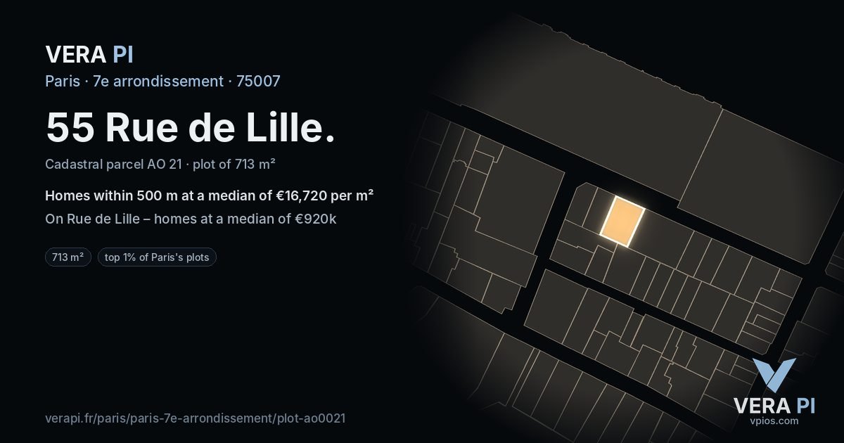 55 Rue de Lille, 7e arrondissement at night – the plot lit, the parcels around coloured by the prices near them
