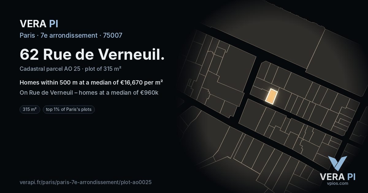 62 Rue de Verneuil, 7e arrondissement at night – the plot lit, the parcels around coloured by the prices near them