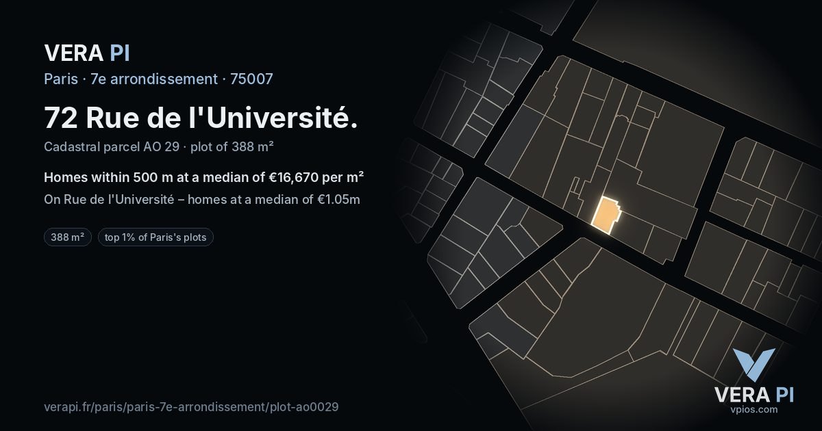 72 Rue de l'Université, 7e arrondissement at night – the plot lit, the parcels around coloured by the prices near them