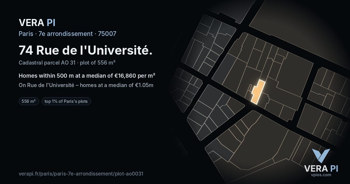 74 Rue de l'Université, 7e arrondissement at night – the plot lit, the parcels around coloured by the prices near them