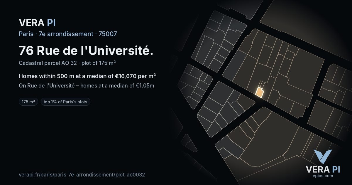 76 Rue de l'Université, 7e arrondissement at night – the plot lit, the parcels around coloured by the prices near them