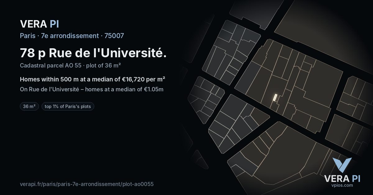 78 p Rue de l'Université, 7e arrondissement at night – the plot lit, the parcels around coloured by the prices near them